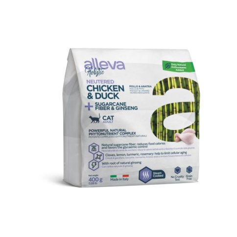 Alleva Holistic Cat Neutered сухой корм для кастрированных котов и стерилизованных кошек с курицей и уткой, волокнами сахарного тростника и женьшенем - 400 г фото 1