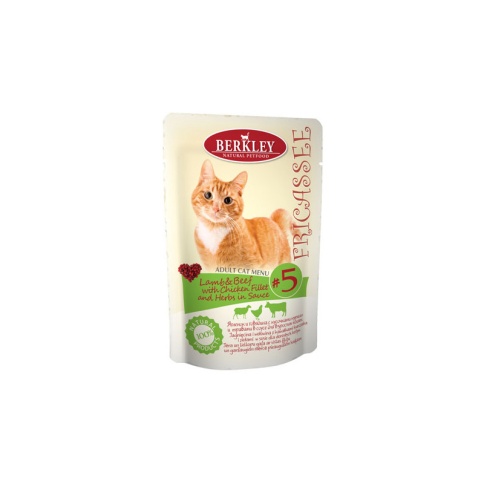 Berkley Fricassee Adult Cat Menu Lamb&Beef Chicken Fillet Herbs in Sauce №5 для взрослых кошек с ягненком, говядиной и куриным филе - 85 г фото 1