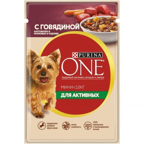 Purina one Mini Актив Говядина Картофель Морковь консервы 85 гр для собак пауч 1х26 фото 1
