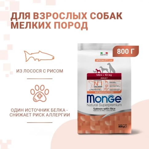 Сухой корм Monge Monoprotein Mini Adult с лососем и рисом для собак мелких пород, 800 г фото 1