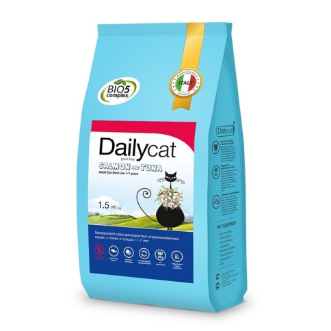 Dailycat Grain Free Adult Steri lite сухой беззерновой корм для стерилизованных кошек с лососем и тунцом - 1,5 кг фото 1
