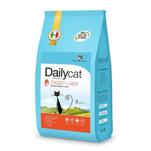 Сухой корм Dailycat Adult Hairball Turkey and Rice для взрослых кошек для вывода шерсти из желудка с индейкой и рисом 3 кг фото 2