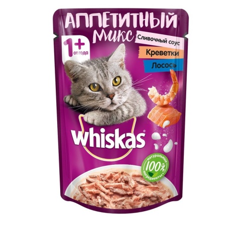 Whiskas Аппетитный микс влажный корм для кошек с лососем и креветками в сливочном соусе - 85 г фото 1