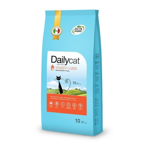 Сухой корм Dailycat Adult Hairball Turkey and Rice для взрослых кошек для вывода шерсти из желудка с индейкой и рисом 10 кг фото 1