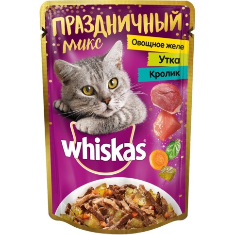 Whiskas Праздничный Микс влажный корм для кошек от 1 года с уткой и кроликом в желе - 85 г фото 1
