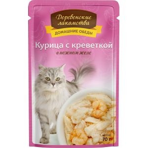 Деревенские лакомства влажный корм для кошек с курицей и креветкой в желе - 70 г фото 1