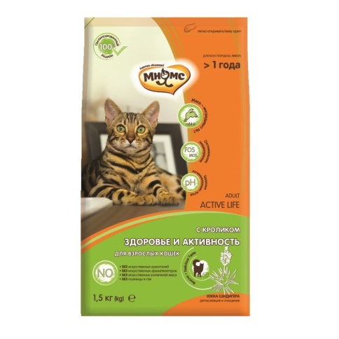 Мнямс Active Life сухой корм для взрослых кошек с кроликом - 1,5 кг фото 1