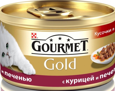 Консервы Gourmet Gold для взрослых кошек кусочки в соусе с курицей и печенью - 85 г фото 1