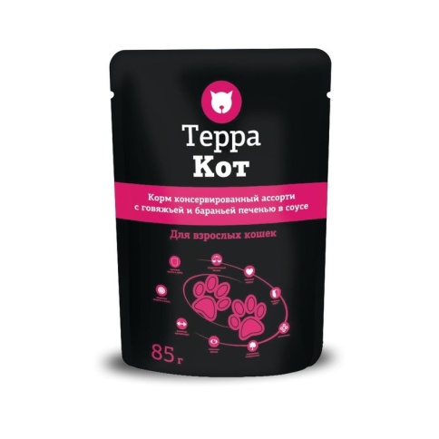 Терра Кот влажный корм для взрослых кошек всех пород ассорти с говяжьей и бараньей печенью в соусе - 85 г фото 1