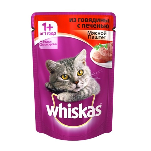 Whiskas паучи в форме паштета с говядиной и печенью для взрослых кошек от 1 года - 85 г фото 1