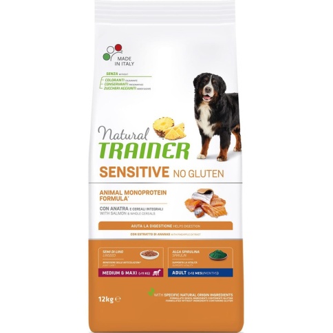 Trainer Natural Sensitive сухой корм для взрослых собак средних и крупных пород с чувствительным пищеварением без глютена c лососем - 12 кг фото 1