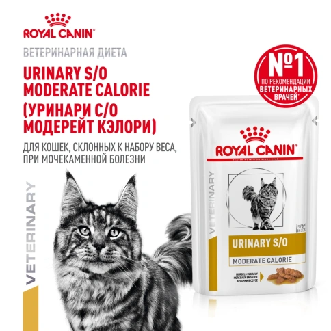 Влажный корм Royal Canin Urinary S/O Moderate Calorie для кошек при заболеваниях дистального отдела мочевыделительной системы, кусочки в соусе, пауч, 85 г фото 1