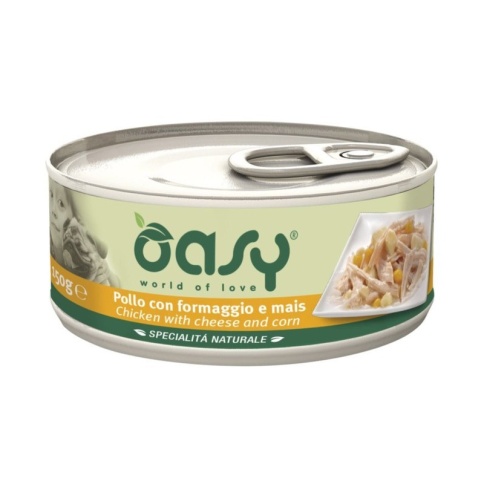 Oasy Wet dog Specialita Naturali Chicken cheese corn дополнительное питание для взрослых собак с курицей, сыром и кукурузой в консервах - 150 г фото 1