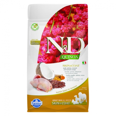 Farmina N&D Dog GF Quinoa Skin & Coat сухой беззерновой корм для взрослых собак для кожи и шерсти с перепелом и киноа - 800 г фото 1