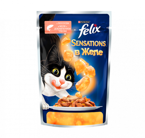 Паучи Felix Sensations для взрослых кошек с лососем и треской в желе - 85 г фото 1