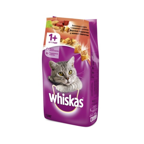 Whiskas сухой корм для взрослых кошек с паштетом из говядины и кролика - 1,9 кг фото 1