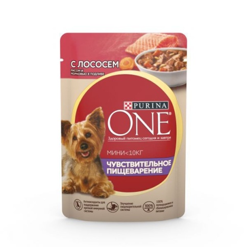 PURINA ONE МИНИ 85 г пауч консервы для собак с чувствительным пищеварением Лосось Рис Морковь в подливе 1х26 фото 1