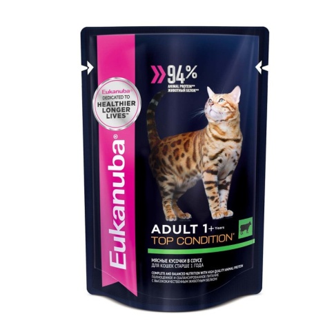 Влажный корм Eukanuba Adult Cat 1+ Years with Beef для взрослых кошек с кусочками говядины в соусе - 85 г фото 2