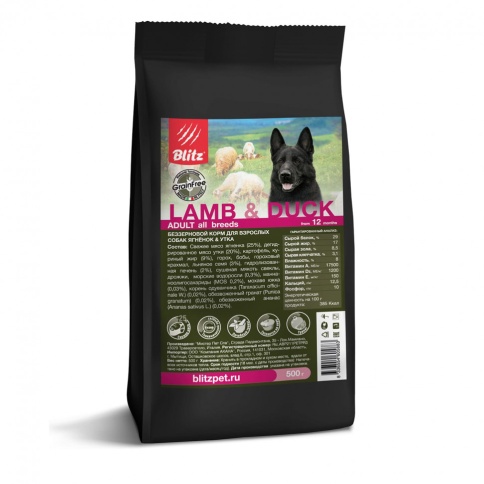 Blitz Adult сухой беззерновой корм для взрослых собак с ягненком и уткой - 500 г фото 1