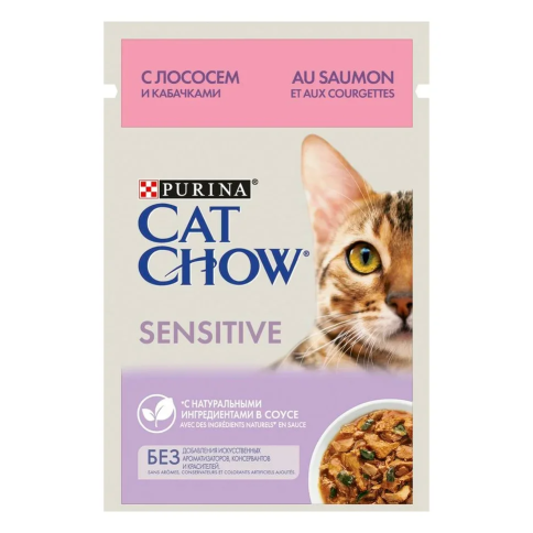 Влажный корм Purina Cat Chow Adult Sensitive для взрослых кошек с чувствительным пищеварением с лососем и кабачками в соусе в паучах - 85 г фото 1