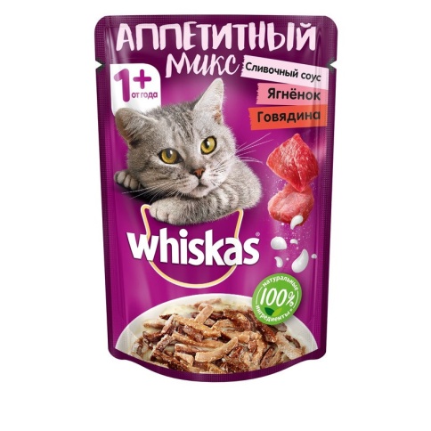 Whiskas Аппетитный микс влажный корм для кошек с говядиной и ягненком в сливочном соусе - 85 г фото 1