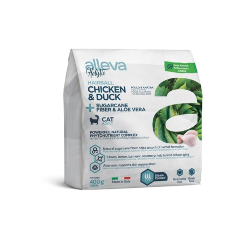 Alleva Holistic Cat Hairball сухой корм для взрослых кошек с курицей и уткой, волокнами сахарного тростника и алое вера - 400 г фото 1