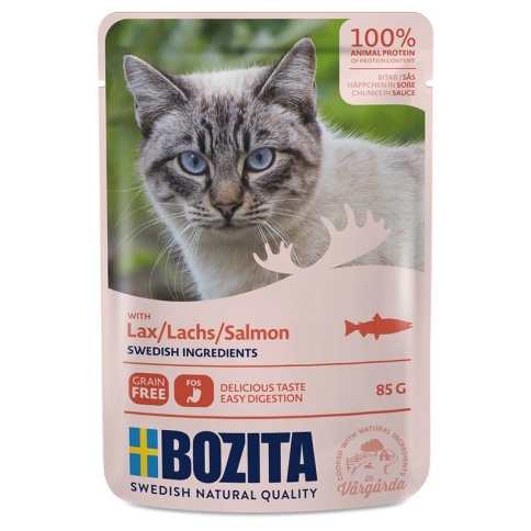 Bozita Pouch Salmon влажный корм для взрослых кошек с кусочками в соусе с лососем - 85 г фото 1