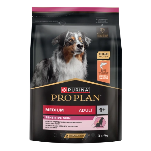 Сухой корм Purina Pro Plan Sensitive Skin для взрослых собак средних пород, с лососом, 3 кг фото 1