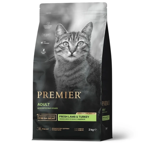 Сухой корм Premier со вкусом ягненка и индейки для взрослых кошек, 2 кг фото 1