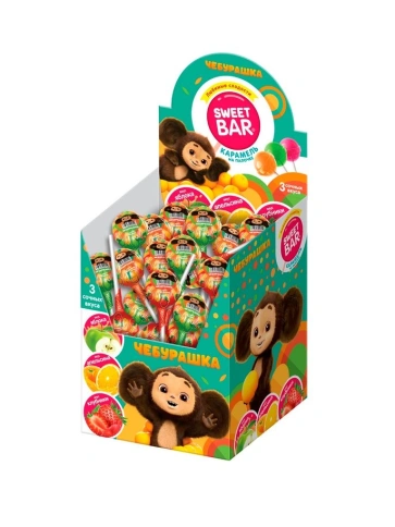 Карамель на палочке со вкусами апельсина, клубники, яблока "SWEET BAR" (ЧЕБУРАШКА) 11г фото 2