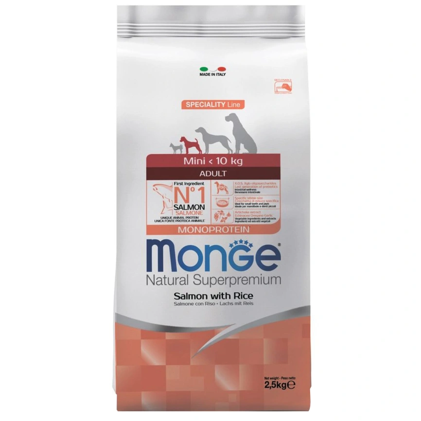 Сухой корм Monge Dog Speciality Line Monoprotein Mini Salmon &amp;amp; Rice для взрослых собак мелких пород с лососем и рисом, 2,5 кг фото 1
