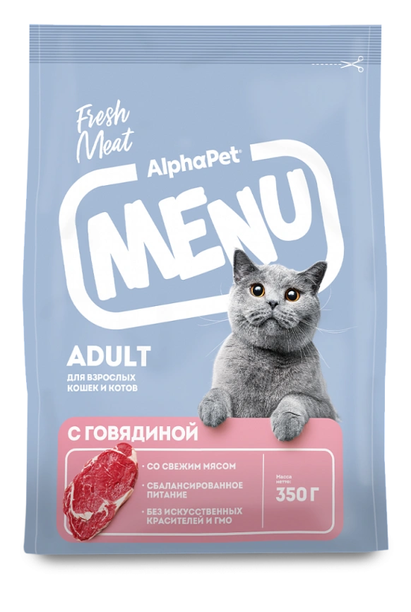 Сухой корм ALPHAPET MENU Beef для взрослых кошек и котов, с говядиной, 350 г фото 2