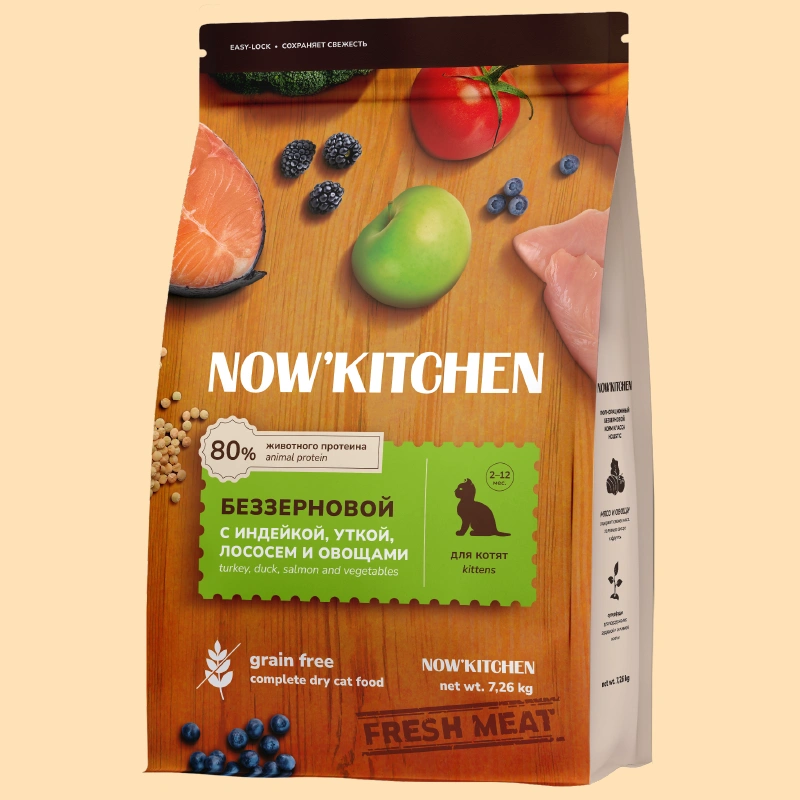 Сухой корм NOW'KITCHEN Fresh Kitten для котят со свежей индейкой, уткой, лососем и овощами, 7.26 кг фото 1