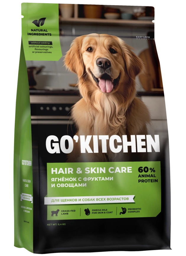 Сухой корм Go'Kitchen для щенков и собак всех пород Hair & Skin Care, со свежим ягненком, фруктами и овощами, 400г фото 1