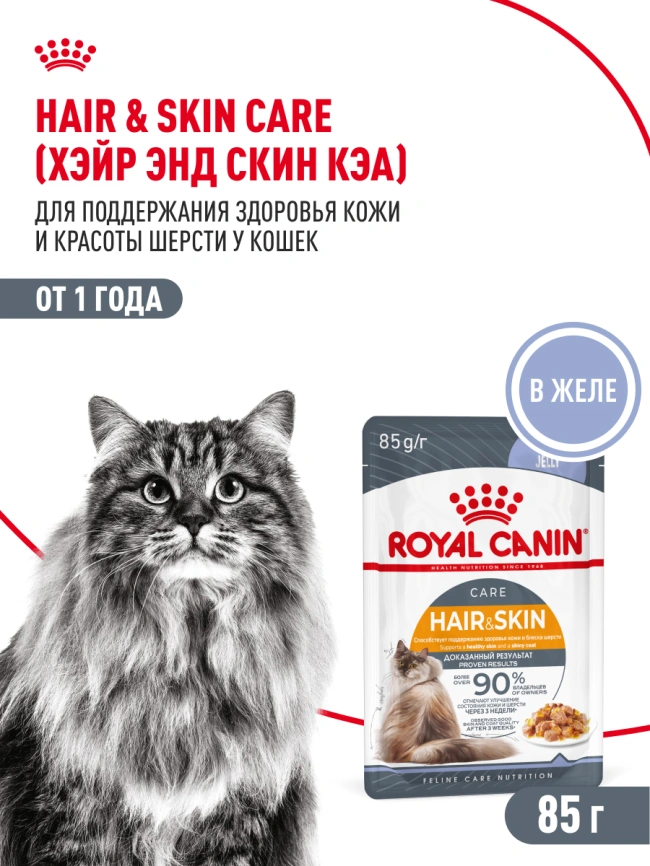 Влажный корм Royal Canin Hair & Skin Care в желе для взрослых кошек старше 1 года, пауч, 85 г фото 15