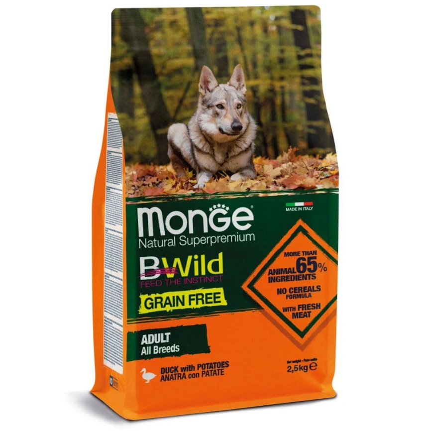 Сухой корм Monge Dog BWild GRAIN FREE Puppy &amp;amp; Junior Duck &amp;amp; Potato для щенков с уткой и картофелем, 2,5 кг фото 2