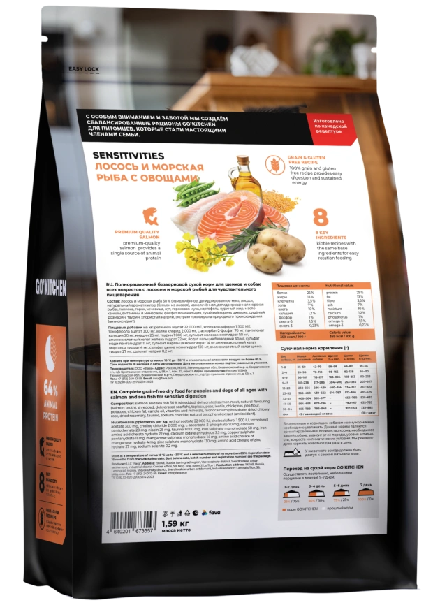 Сухой корм GO'KITCHEN для щенков и собак всех возрастов для чувствительного пищеварения с лососем и морской рыбой, 1.59 кг фото 1