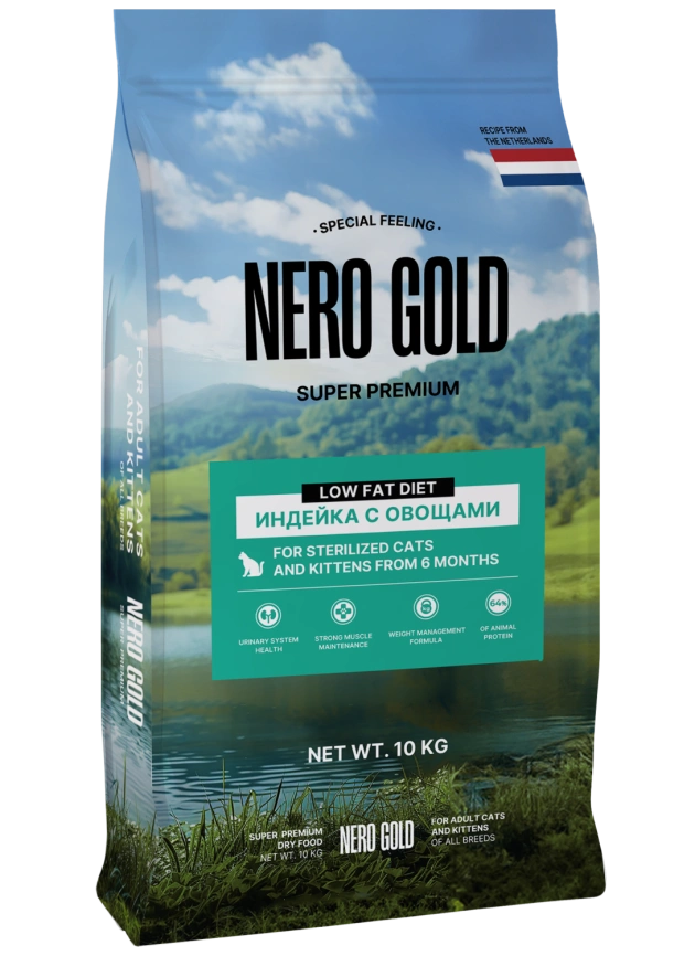 Сухой корм NERO GOLD Sterilised для стерилизованных кошек и котят с мясом индейки и овощами, 10 кг фото 1