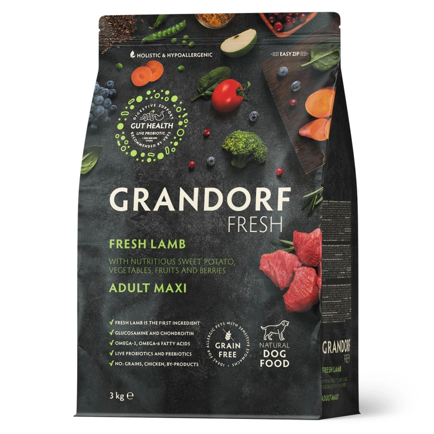 Сухой корм Grandorf Fresh Dog для взрослых собак крупных пород чувствительное пищеварение и гипоаллергенный ягненок с бататом 3 кг фото 1