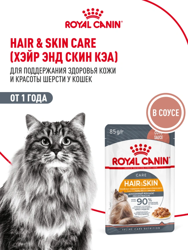 Влажный корм Royal Canin Hair & Skin Care в соусе для взрослых кошек старше 1 года, пауч, 85 г фото 15