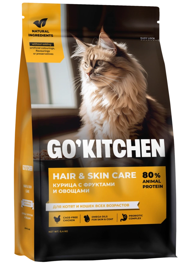 Cухой корм Go'Kitchen для котят и кошек всех возрастов, Hair & Skin Care, cо свежей курицей, фруктами и овощами, 400 г фото 4