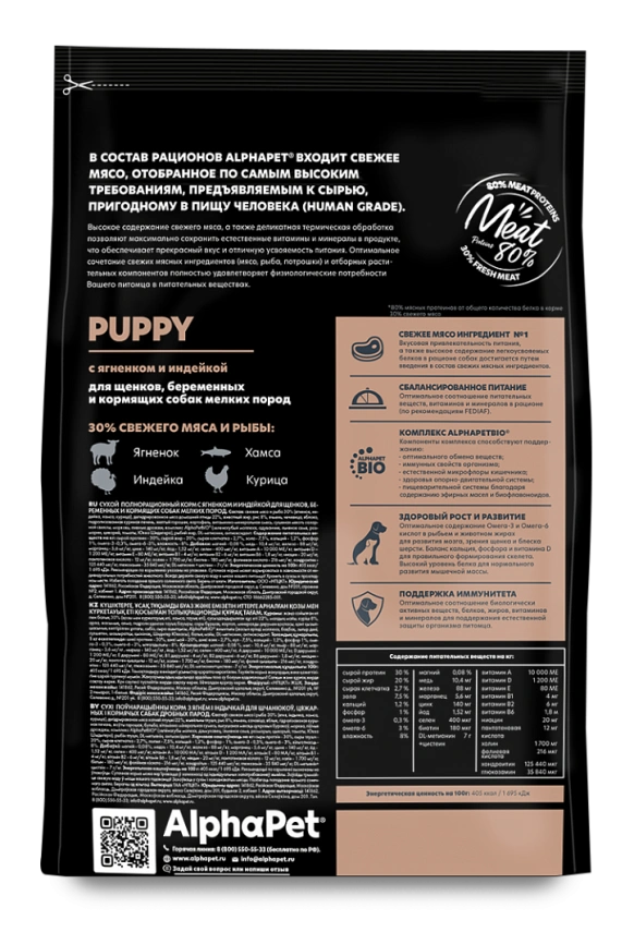 Сухой корм ALPHAPET Superpremium Lamb & Turkey для щенков, беременных и кормящих собак мелких пород, с ягненком и индейкой, 500 г фото 2
