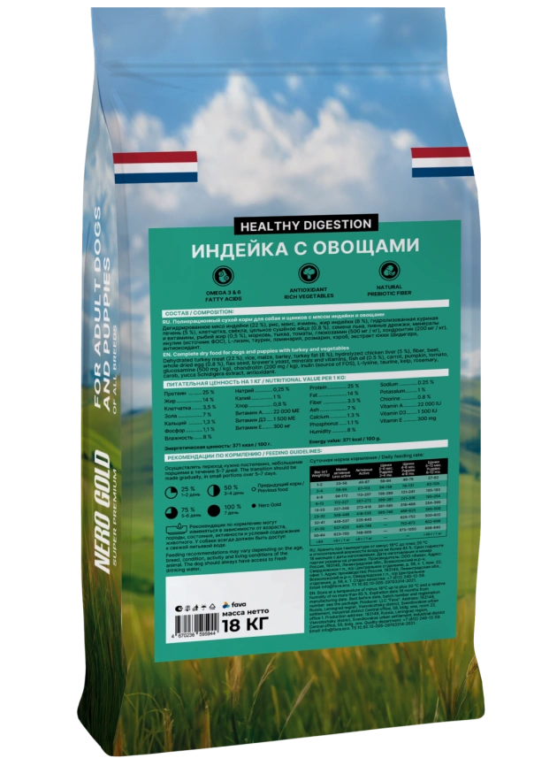 Сухой корм NERO GOLD для собак и щенков с мясом индейки и овощами, 18 кг фото 2