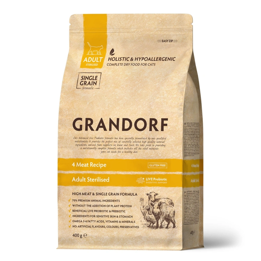 Сухой корм Grandorf 4 Meat Probiotic Sterilised Четыре вида мяса для стерилизованных кошек, 400 г фото 1