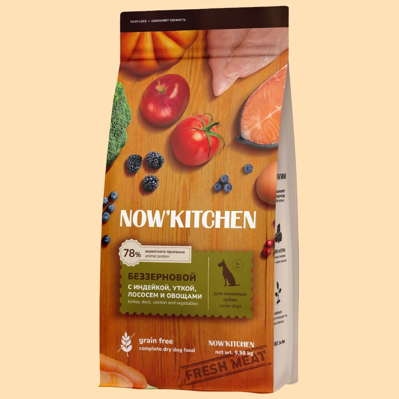 Сухой корм NOW'KITCHEN Fresh Senior для собак старше 7 лет со свежей индейкой,уткой,лососем, 9.98 кг фото 1