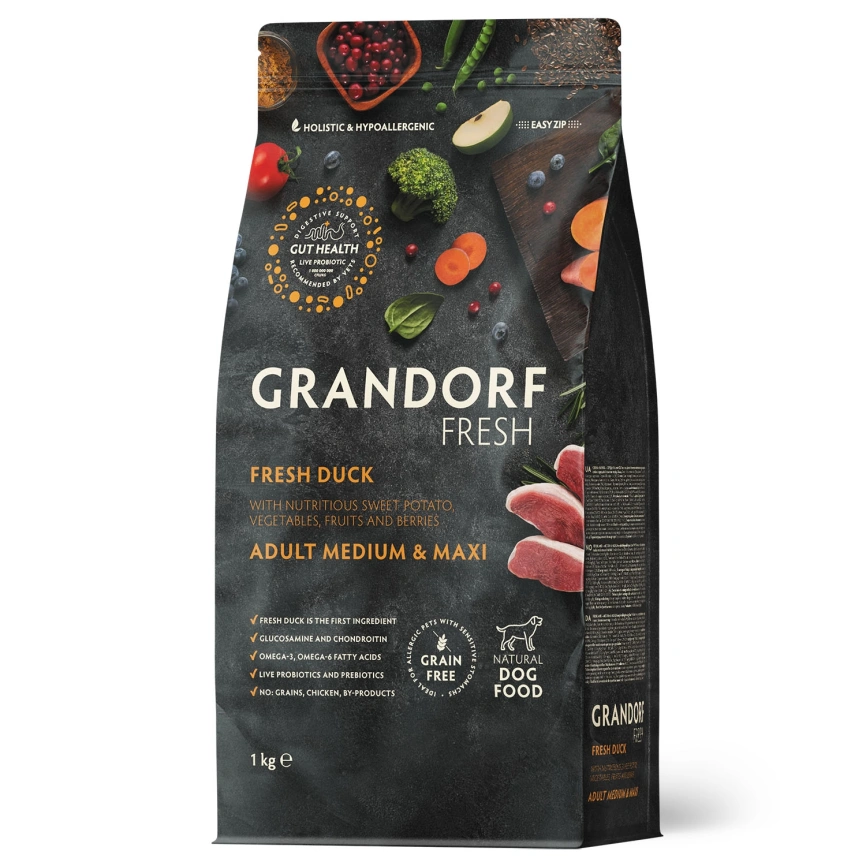 Сухой корм Grandorf Fresh Dog для взрослых собак средних и крупных пород диетическая формула для особо аллергичных собак утка с бататом 1 кг фото 1