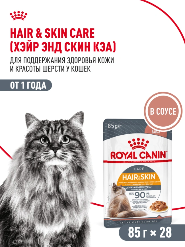Влажный корм Royal Canin Hair & Skin Care в соусе для взрослых кошек старше 1 года, пауч, 85 г фото 16