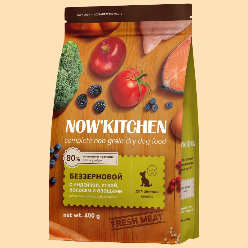 Сухой корм NOW'KITCHEN Fresh Puppy для щенков со свежей индейкой, уткой, лососем, 400 г фото 1