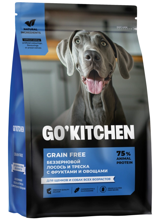 Сухой корм GO'KITCHEN Для щенков и собак всех возрастов с лососем, треской, фруктами и овощами, 400 г фото 1