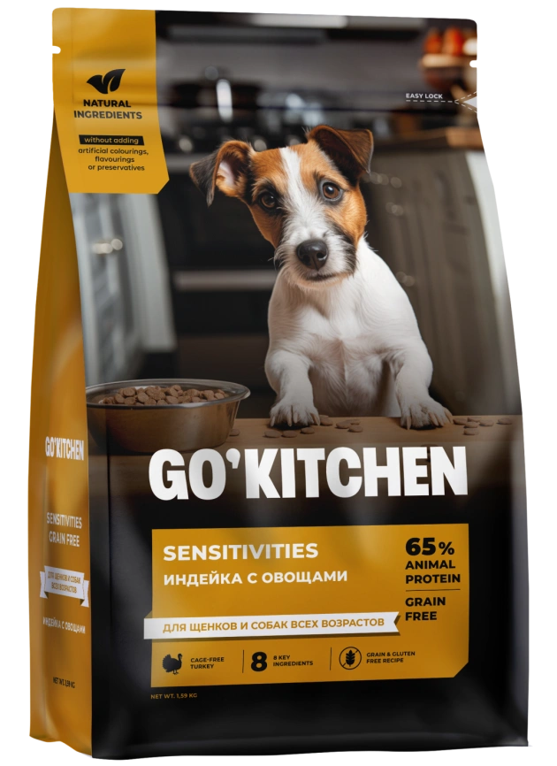 Сухой корм GO'KITCHEN для щенков и собак всех возрастов для чувствительного пищеварения с индейкой, 1.59 кг фото 2